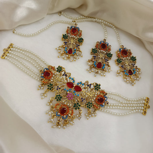 Chokar Set Nouratan with Earrings And Maang Tikka